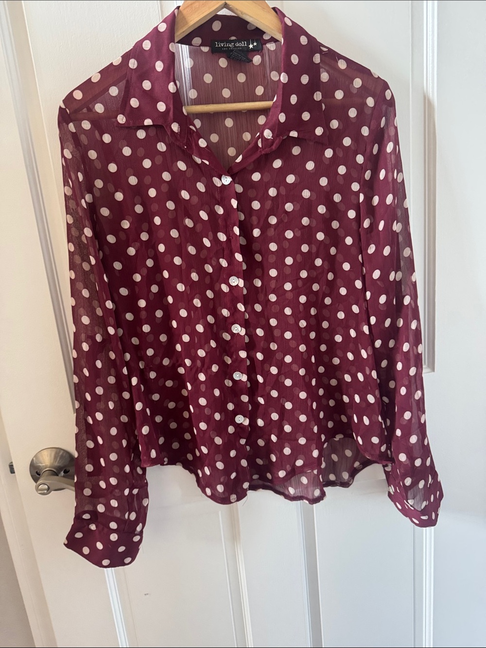 living doll Burgundy Polka Dot Sheer Button-Down Blouse